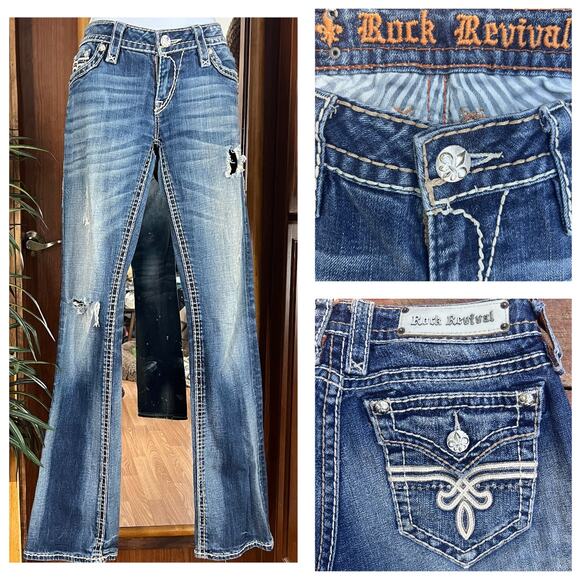 Rock Revival Penny Bootcut Jeans 28 RE82588L | Y2K Rhinestone Distressed Denim - Picture 1 of 16